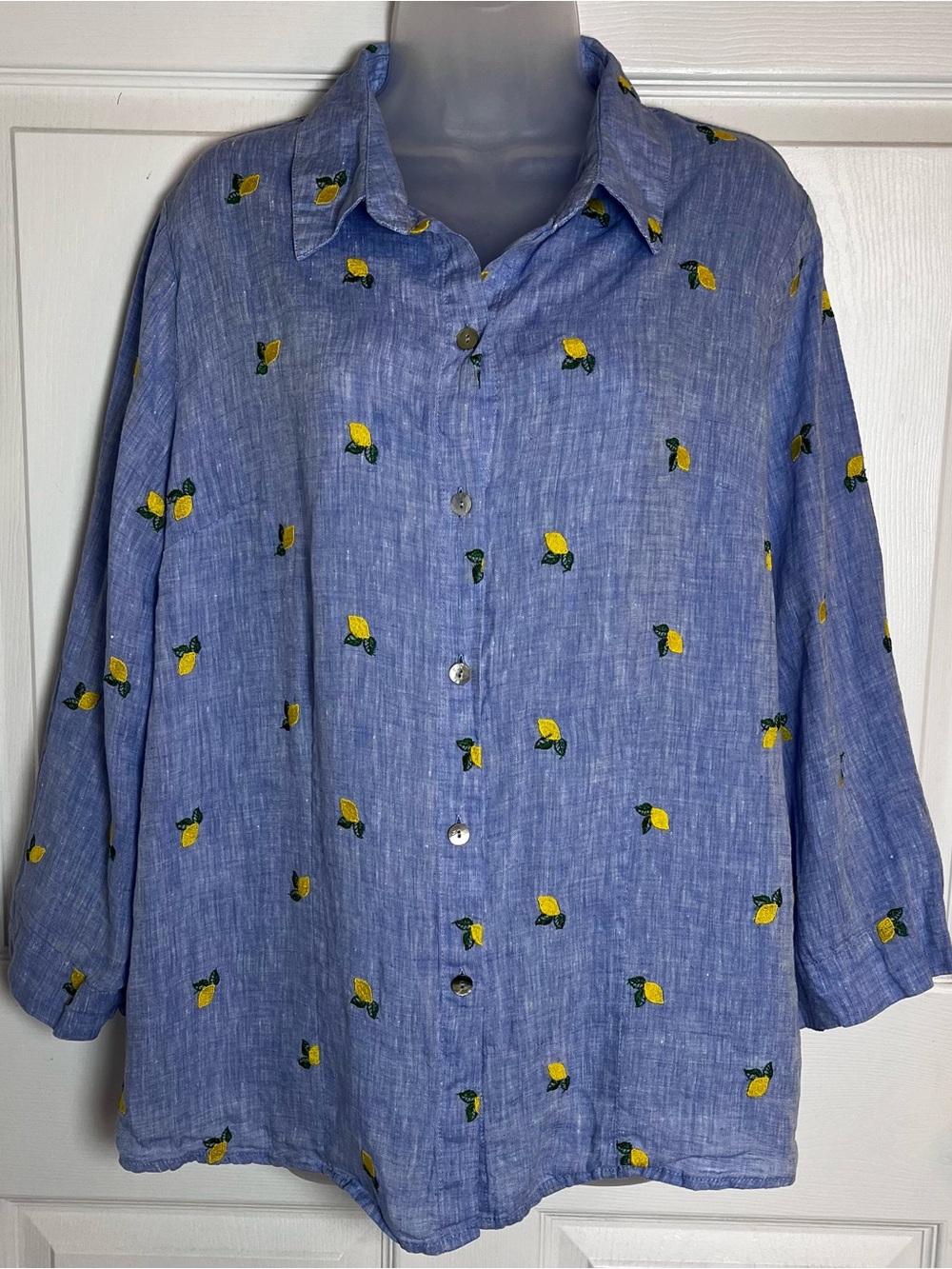 Sartoria Saracena Italy Linen Lemon Embroidered Button Down Shirt XXL